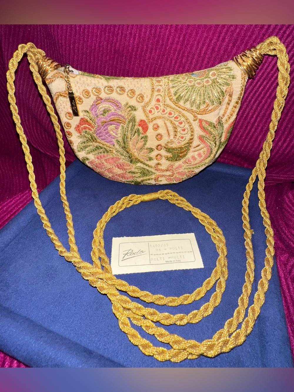 Rodo Gold-Accented Cream Floral Crescent Crossbody Bag